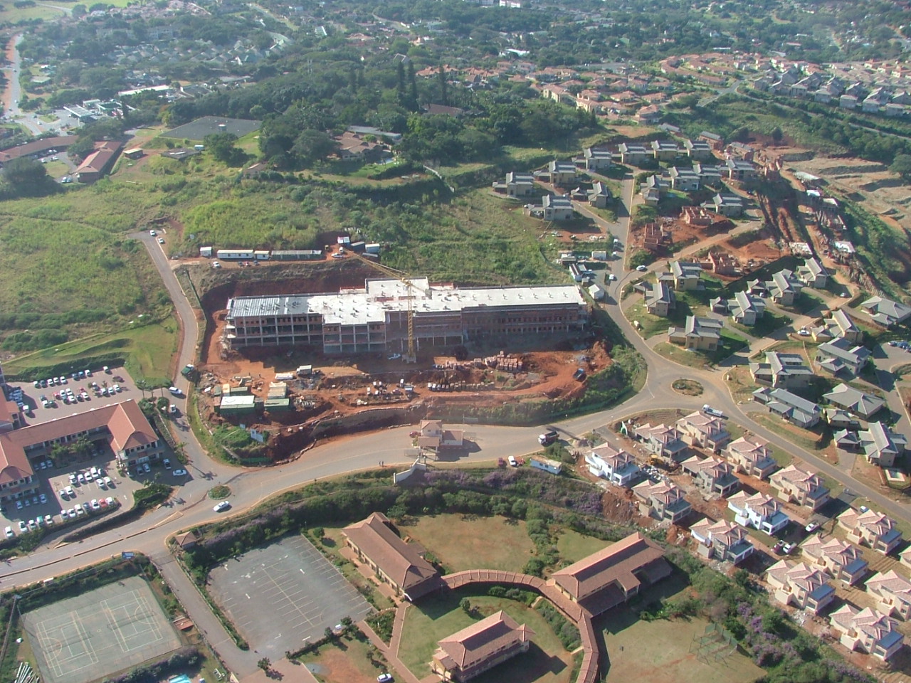 Aerial view of hospital and estate construction from the Pegasus project archive